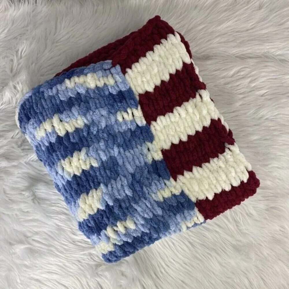 Handmade Chunky Knit American Flag Blanket Chenille Patriotic‎ USA Throw NEW